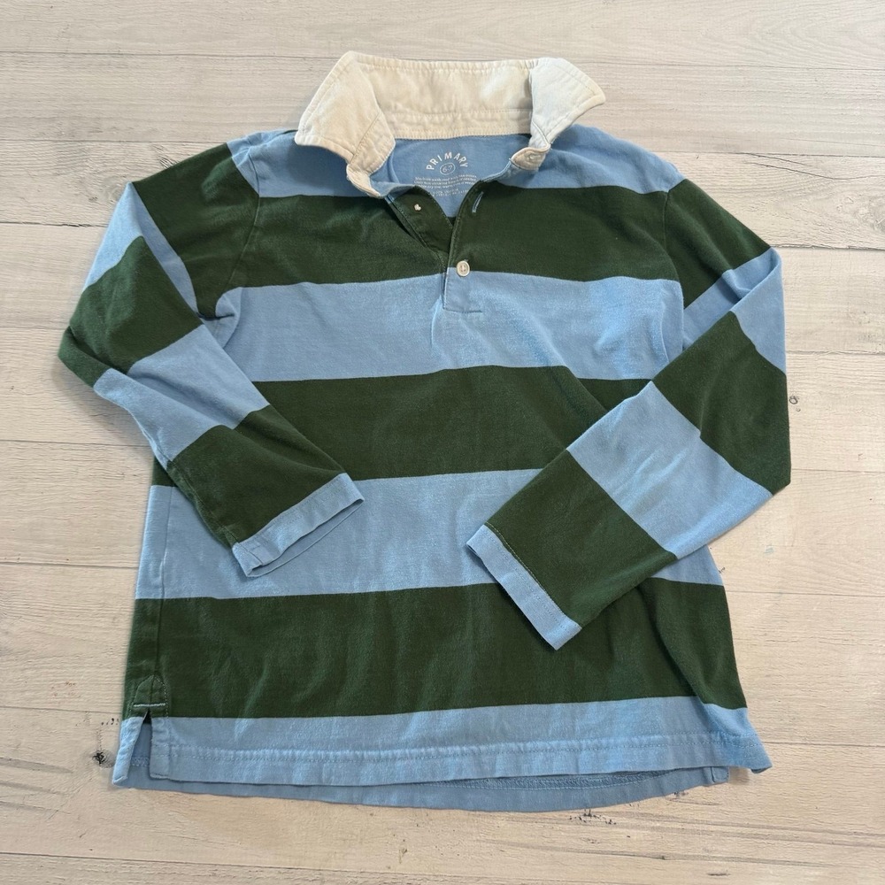Primary kids blue and green long sleeve striped polo shirt size 6/7